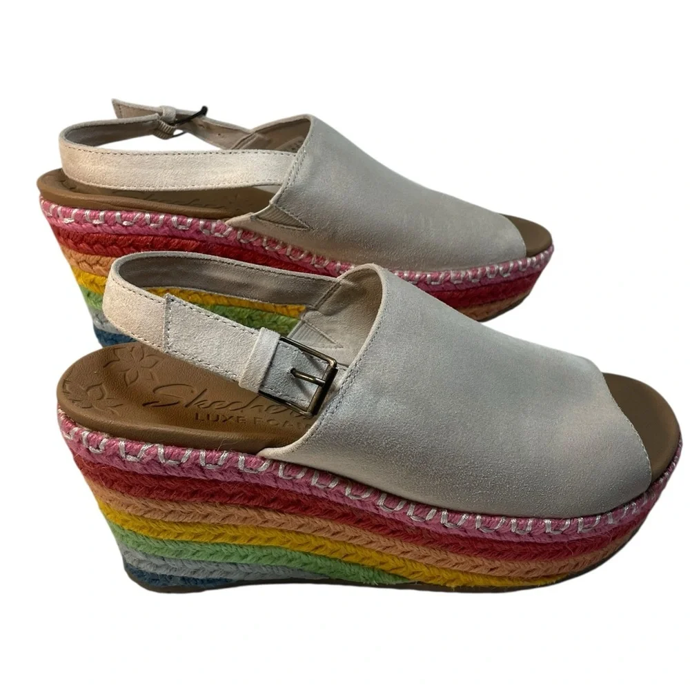 Skechers Cali Brit Luxe Foam Festival Daisy Rainbow Wedge Espadrille Size 10